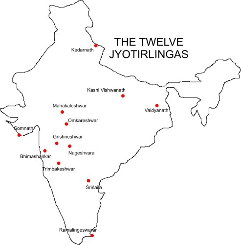 Twelve Jyotirlingas map : mappa dei 12 luoghi di luce cosmica