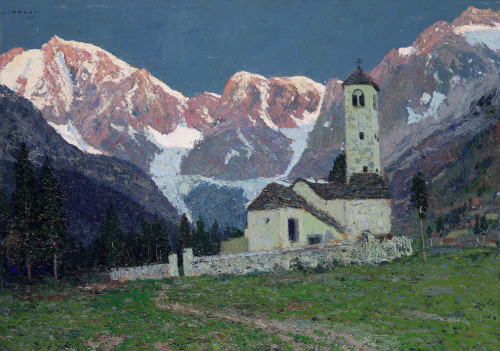 Cesare Maggi - La chiesa vecchia di Pecetto - 1924 - Olio su tela - cm 51 x 70 - Collezione privata